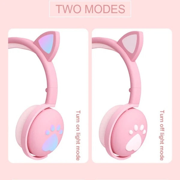 Fone Ouvido Bluetooth Gatinho Sem Fio Com Luz Led 7 Cores ka 902 Rosa