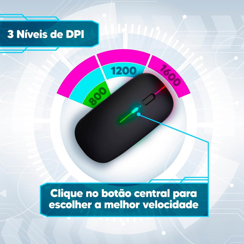 Mouse Sem Fio 2 em 1 Via Bluetooth E Wireless Recarregável O-gold MS03 Preto