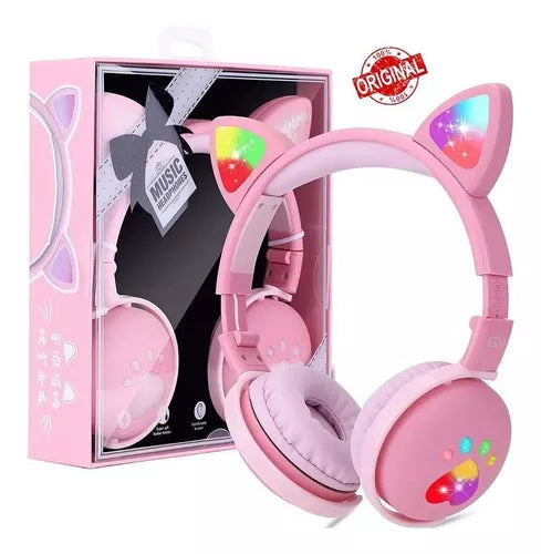 Fone Ouvido Bluetooth Gatinho Sem Fio Com Luz Led 7 Cores ka 902 Rosa