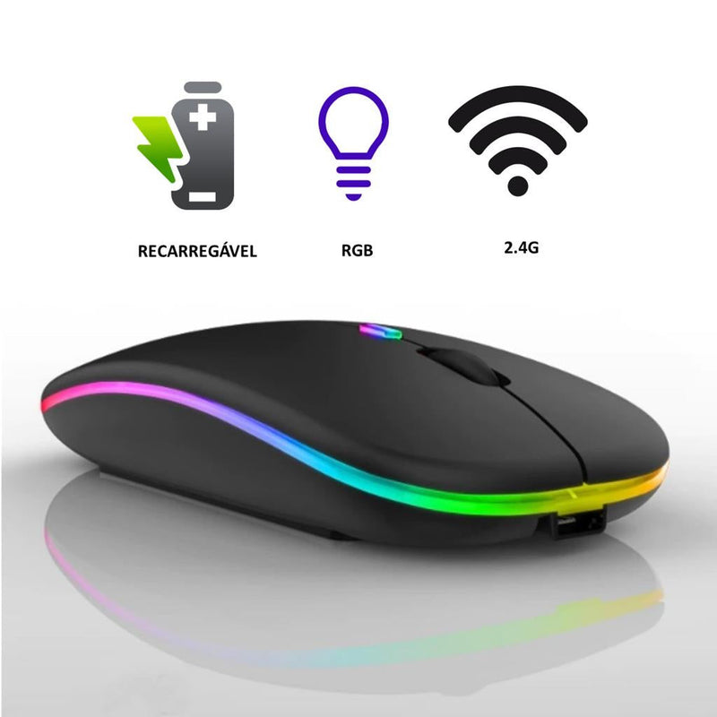 Mouse Sem Fio 2 em 1 Via Bluetooth E Wireless Recarregável O-gold MS03 Preto