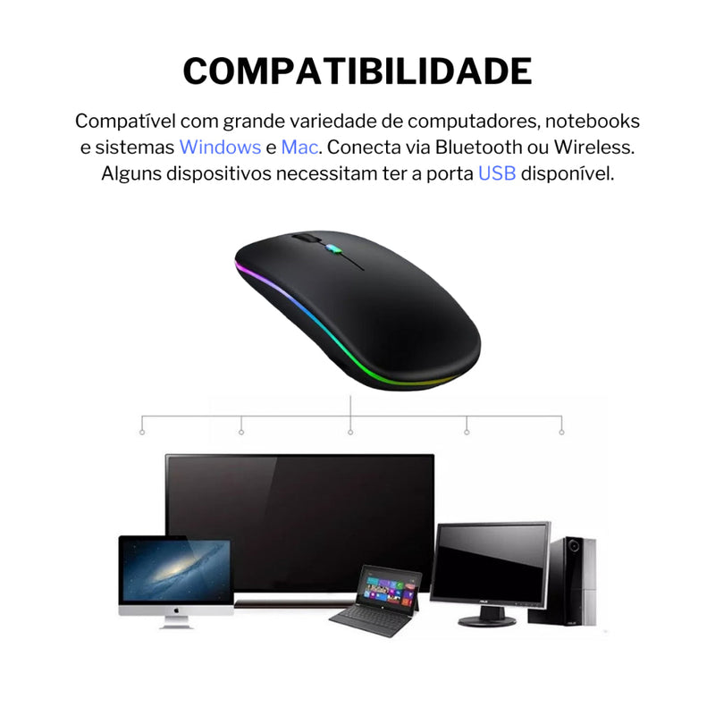 Mouse Sem Fio 2 em 1 Via Bluetooth E Wireless Recarregável O-gold MS03 Preto