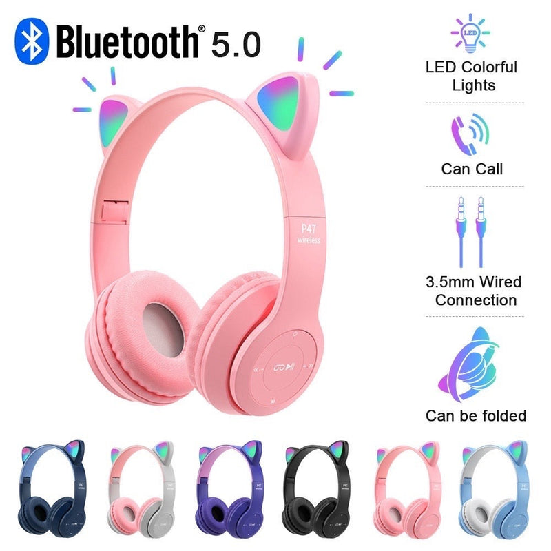 Fone Bluetooth Criança Orelhas De Gato Com Luz LED Dobrável Sem Fio Com Microfone ka920